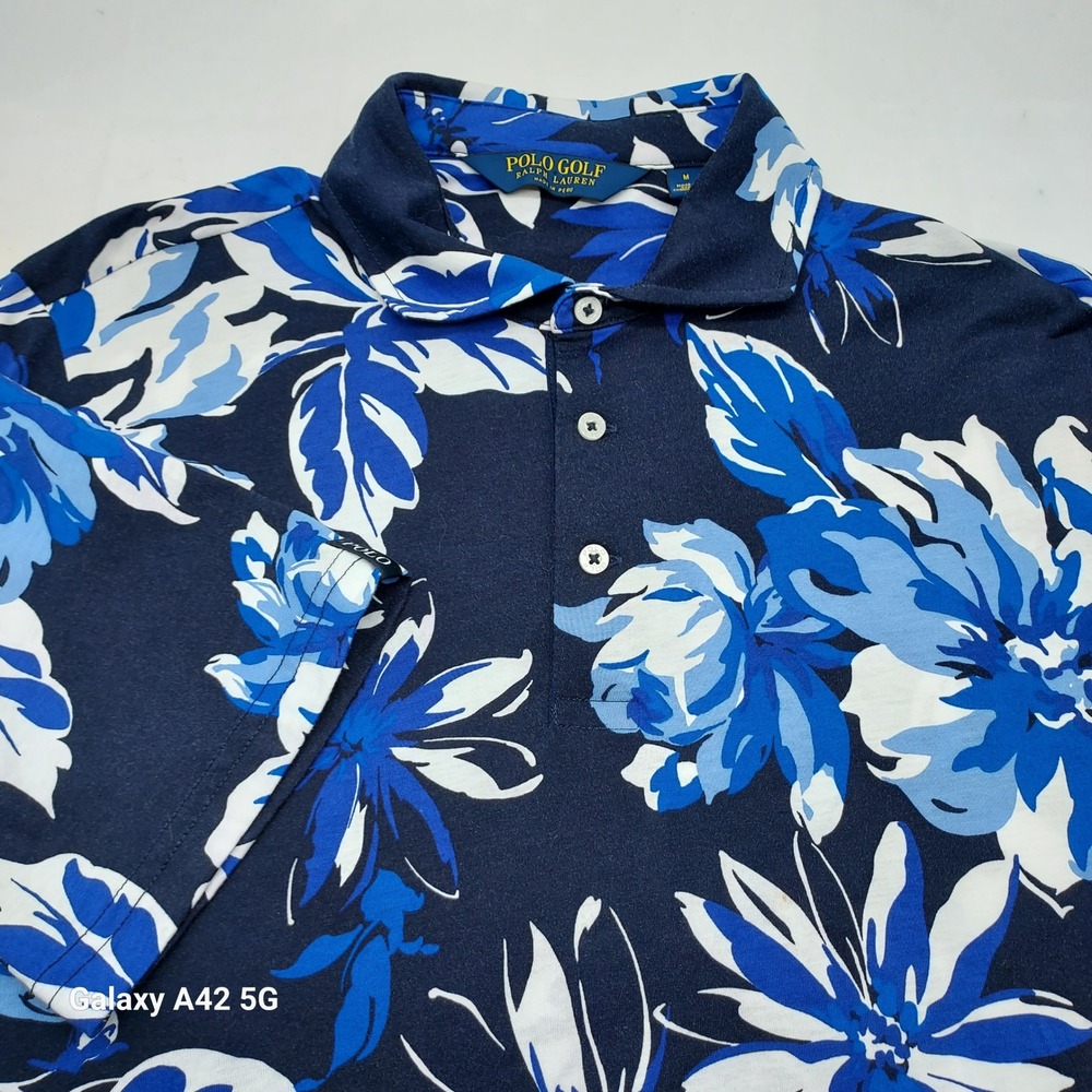 Polo Golf Ralph Lauren Mens Blue Floral Hibiscus Polo Shirt Medium Cotton Jersey